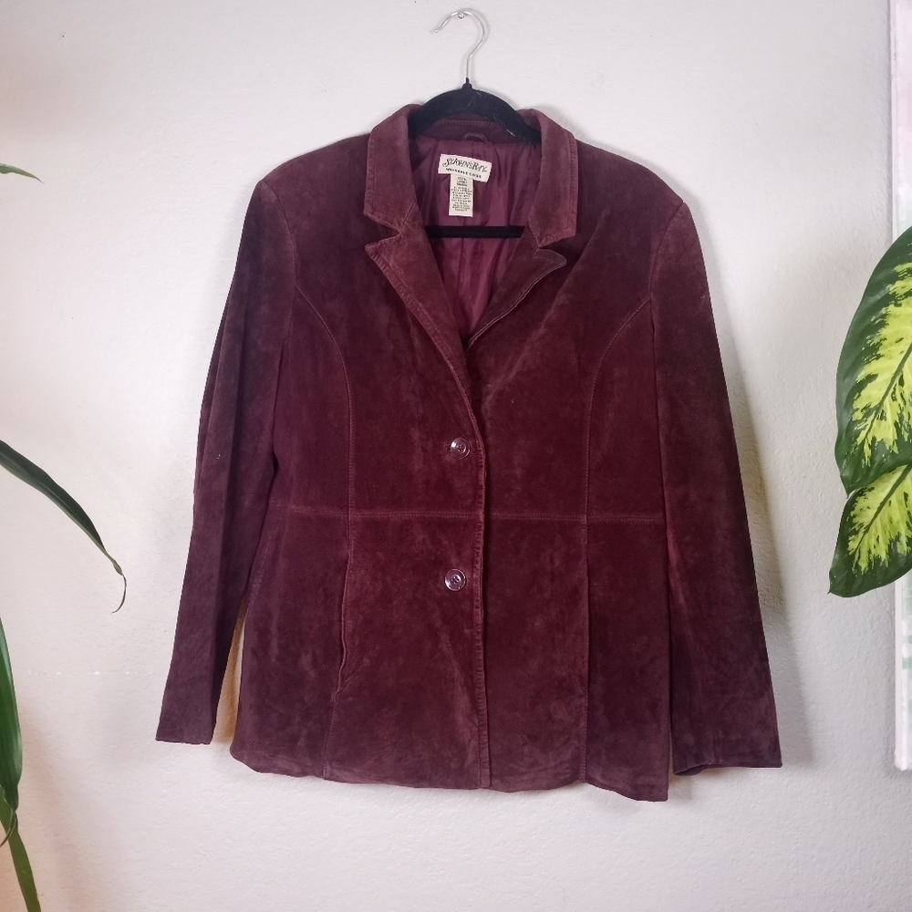 Vintage Leather Burgundy Plum St Johns Bay Washable Suede Bohemian Blazer Coat L